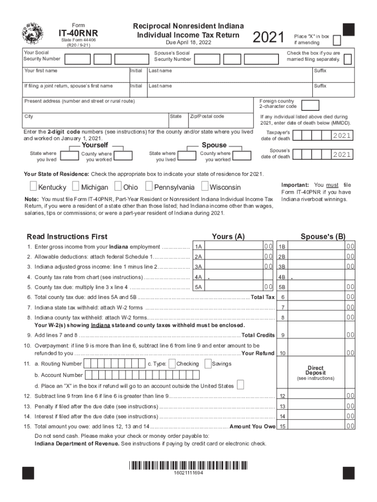 it 40RNR State Form 44406 Individual Income Tax Return 2021