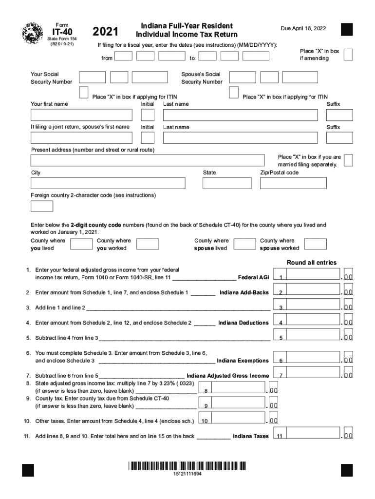  Form Individual Income Tax Return Indiana Full Year 2021
