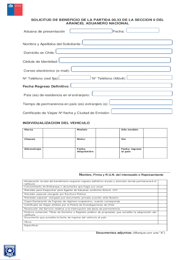 Chile Customs Vehicle Import Benefit Application  Form