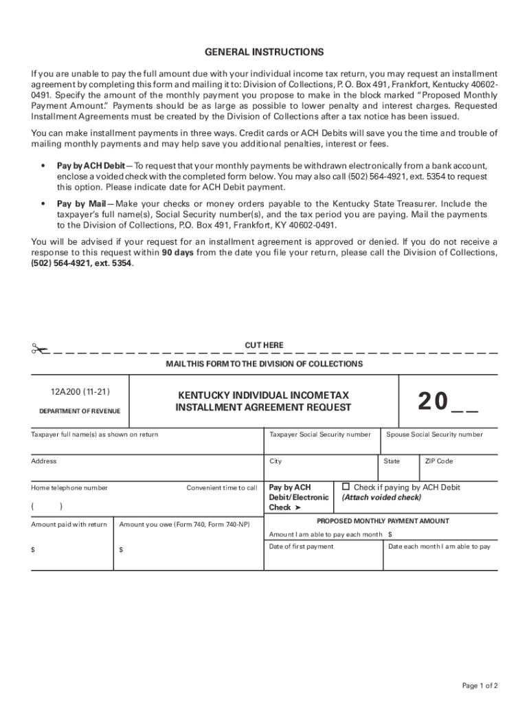  Revenue Ky GovFormsKentucky Income TaxKentucky Income Tax Installment Agreement Request 2021-2024