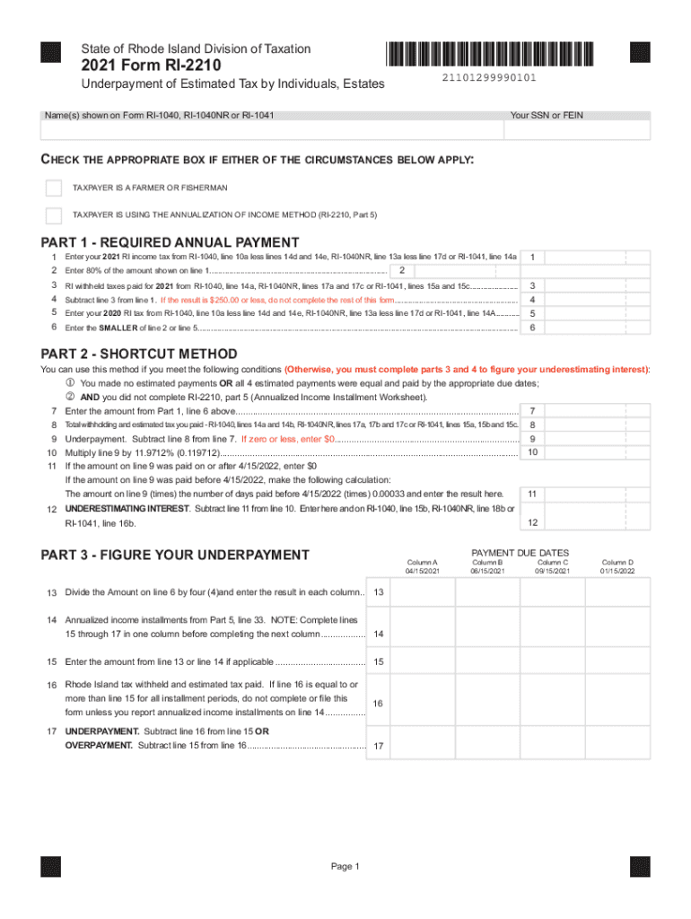  Www Templateroller Comtemplate2134039Form RI 2210 &amp;quot;Underpayment of Estimated Tax by Individuals 2021