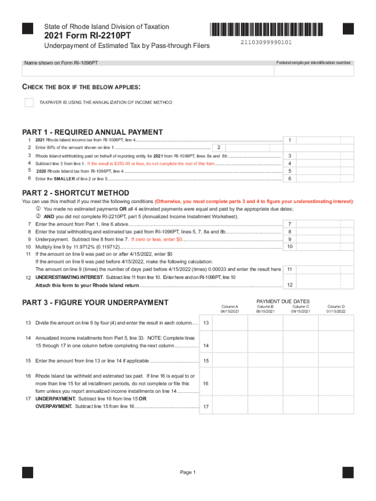  State of Rhode Island Division of Taxation Form RI 2210PT 2021