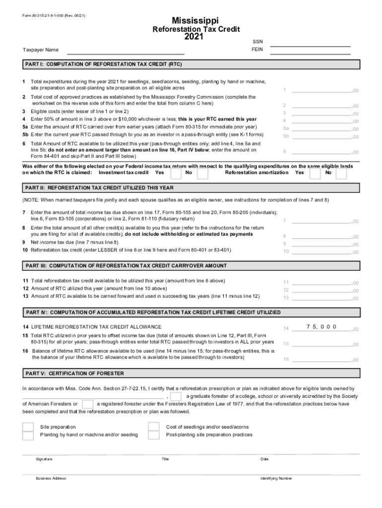  Mississippi Form 80 315i Re Forestation Tax Credit 2021