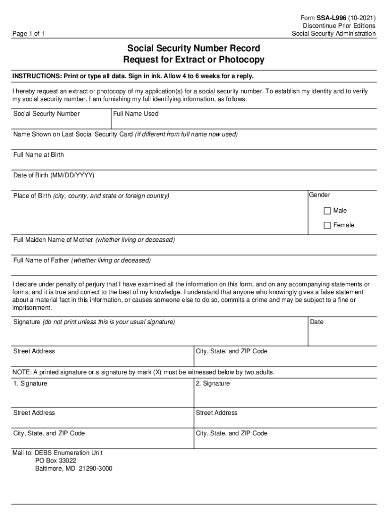 996 FormSocial Security Number Record Request for