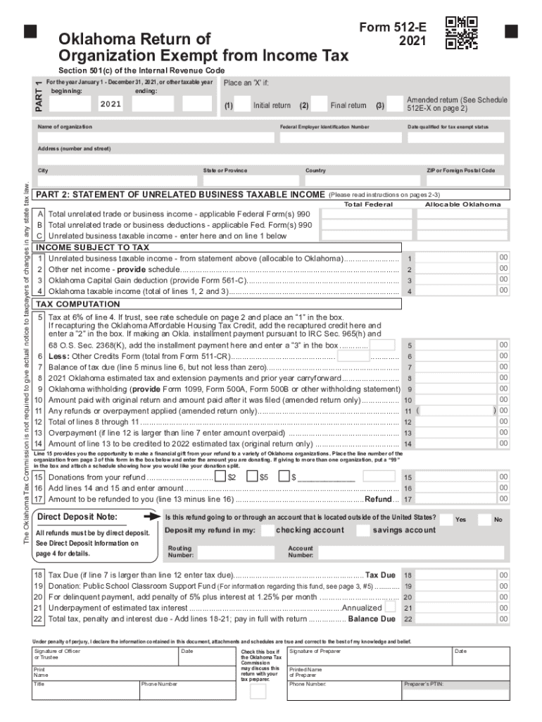  Oklahoma Form 512E Return of Organization Exempt FromOklahoma Form 512 Corporate Income Tax Return Form AndOklahoma Form 512E Re 2021