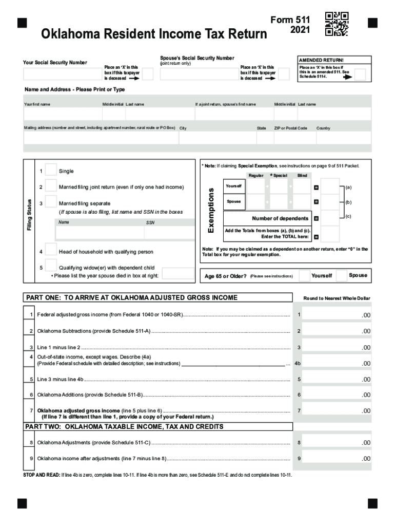  Oklahoma Resident Income Tax Return Form 511 2021-2024