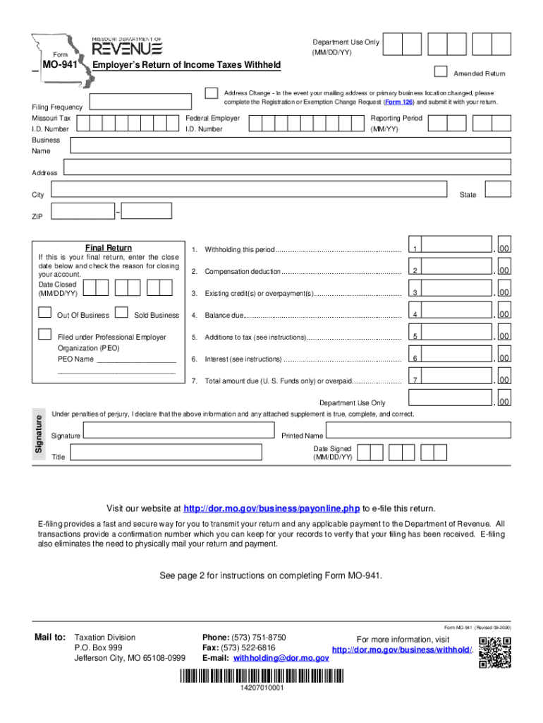  Dor Mo GovformsMO 941MO 941 Employer's Return of Income Taxes Withheld 2020-2024