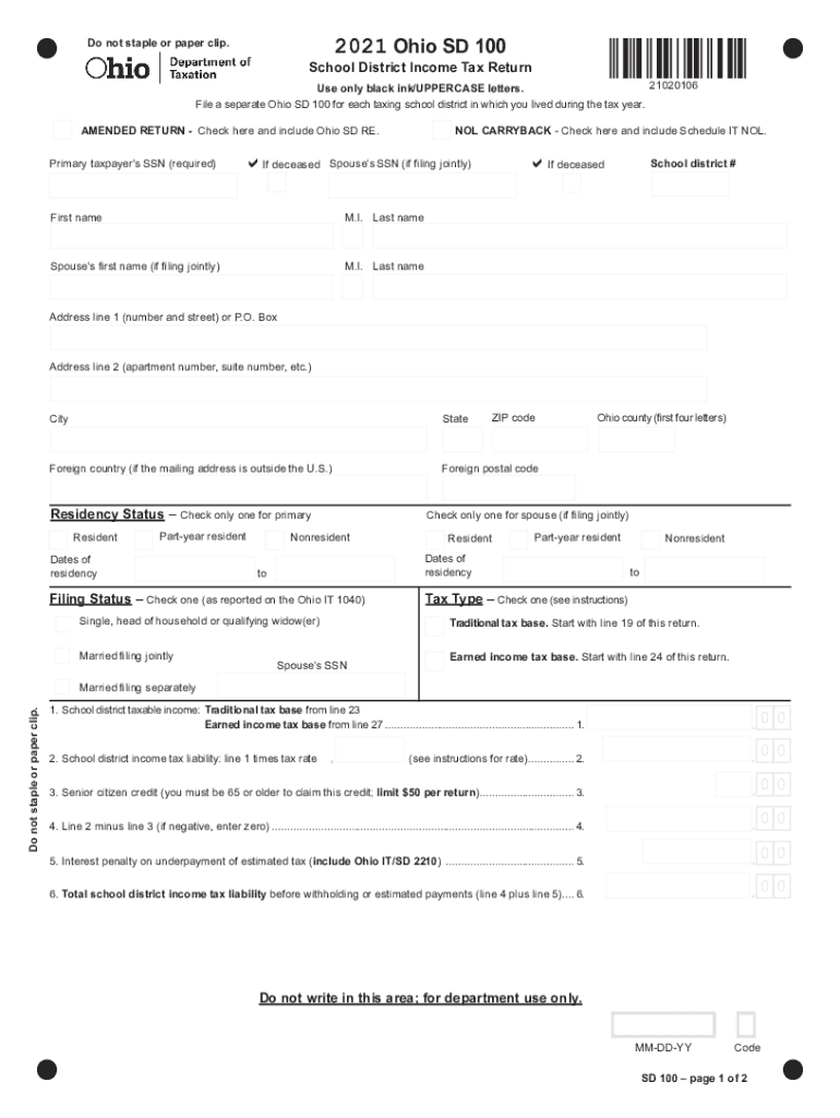  Www Taxformfinder Orgohioform it Sd 100Ohio Form it SD 100 School District Income Tax Return 2021