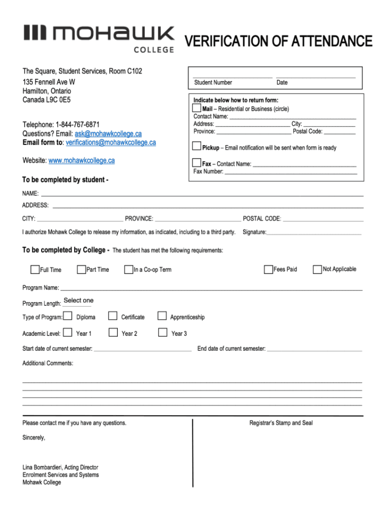  Canada Mohawk College Verification of Attendance 2020-2024