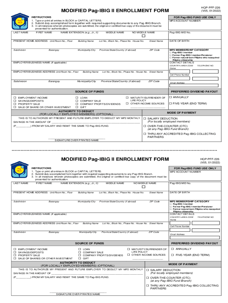  Www Pagibigfund Gov Ph Document PdfHQP PFF 226 MODIFIED Pag IBIG II ENROLLMENT FORM 2022-2024