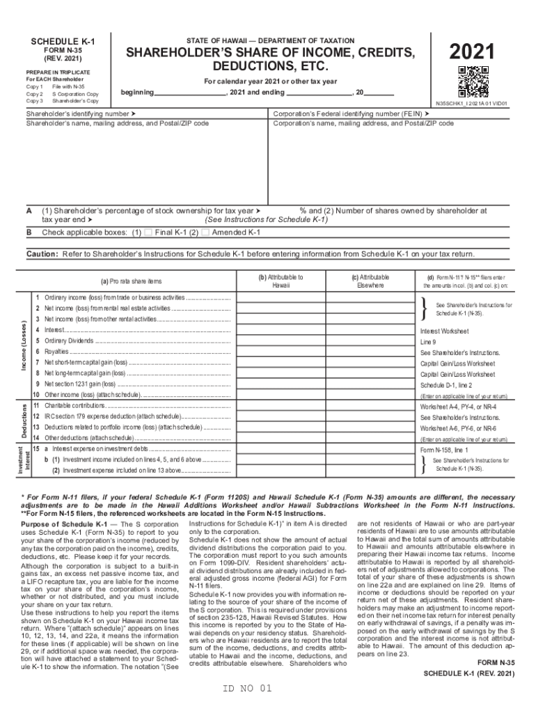  Schedule K 1 Form N 35 Rev Shareholder's Share of Income 2021