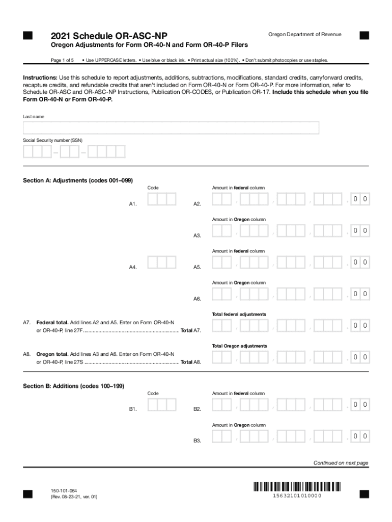  Schedule or ASC, Oregon Adjustments for Form or 40 Filers 2021