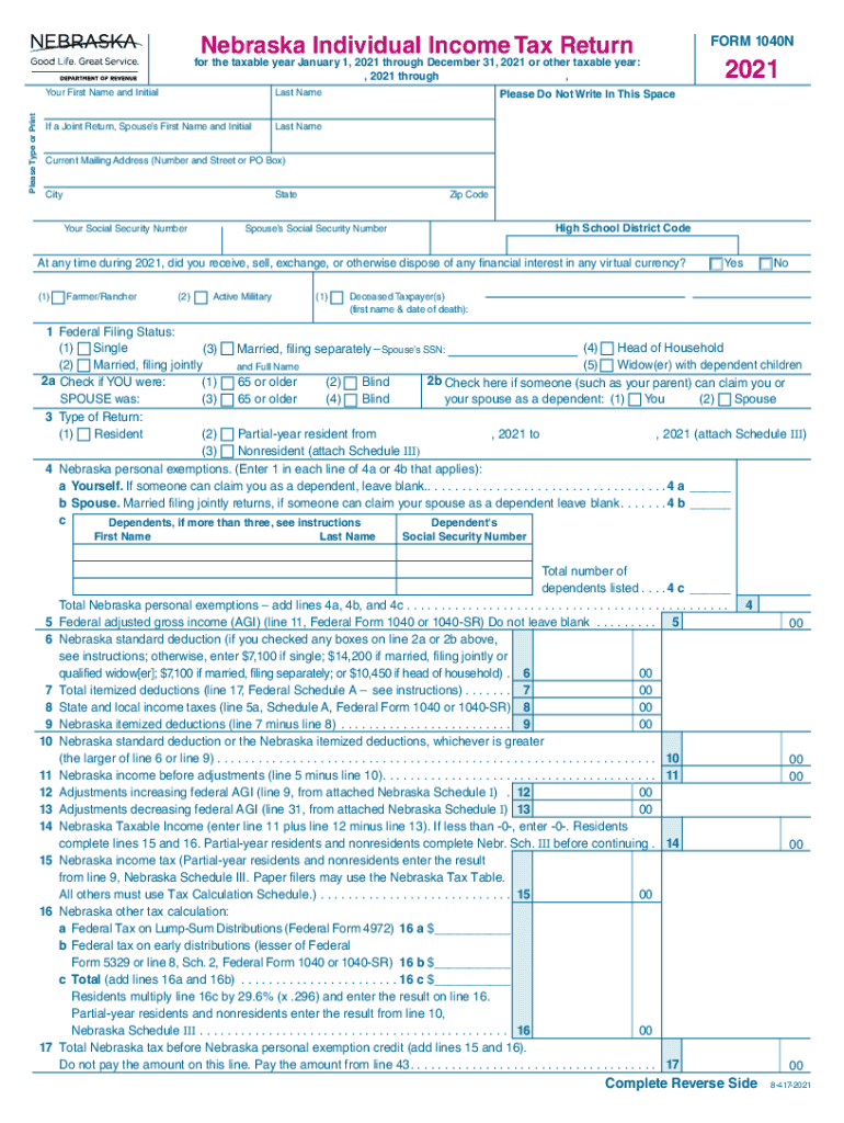  Revenue Nebraska Govtax Forms2020Nebraska Individual Income Tax Return FORM 1040N for the 2021