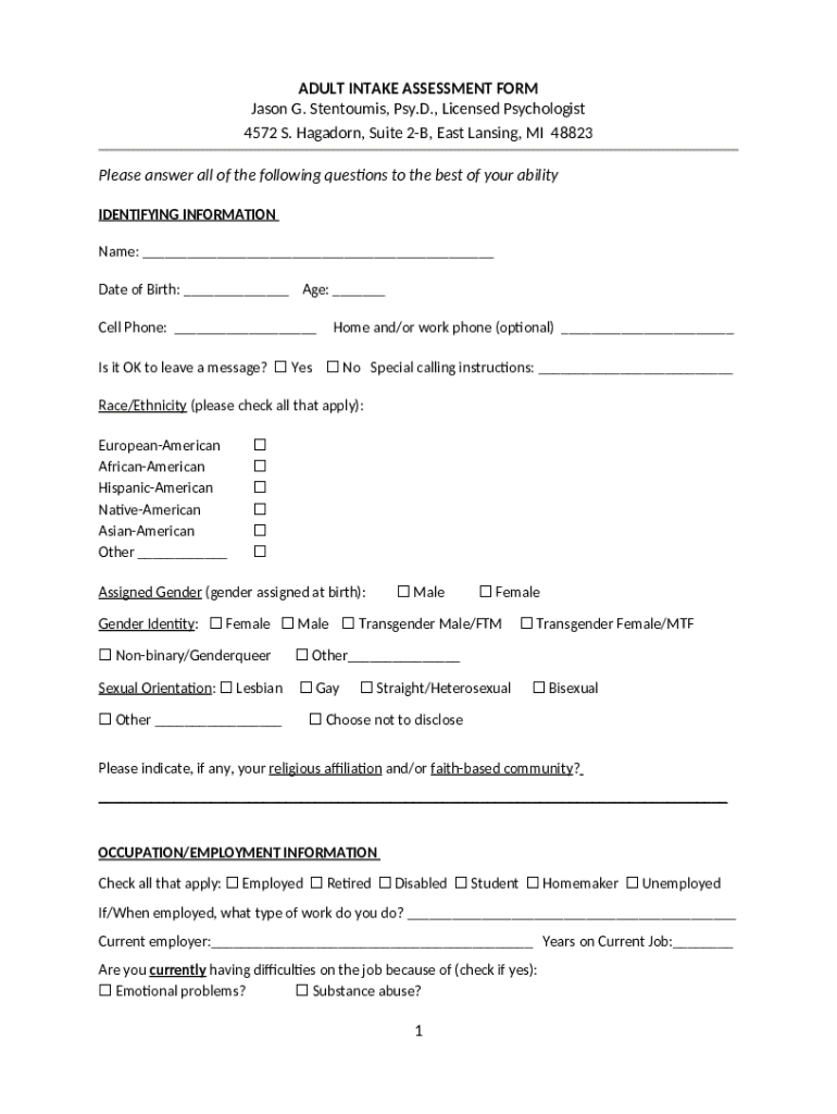  Drstentoumis Com04AdultIntakeAssessmentADULT INTAKE ASSESSMENT FORM Jason G Stentoumis, Psy D 2020-2024