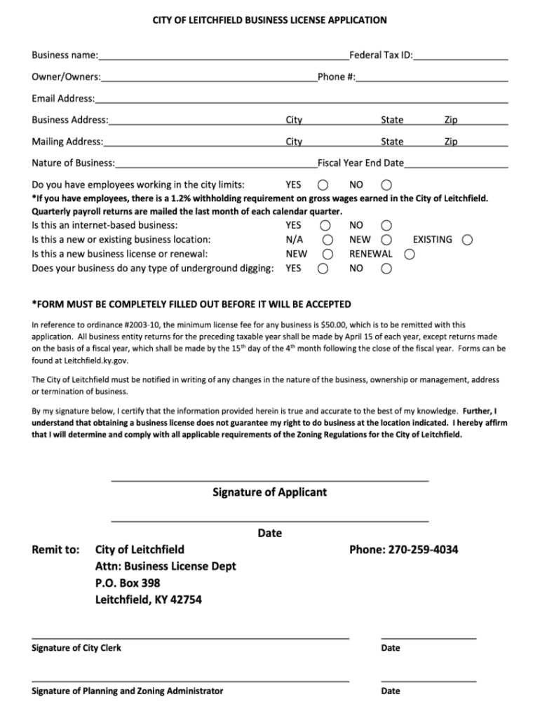 CITY of LEITCHFIELD BUSINESS LICENSE APPLICATION  Form