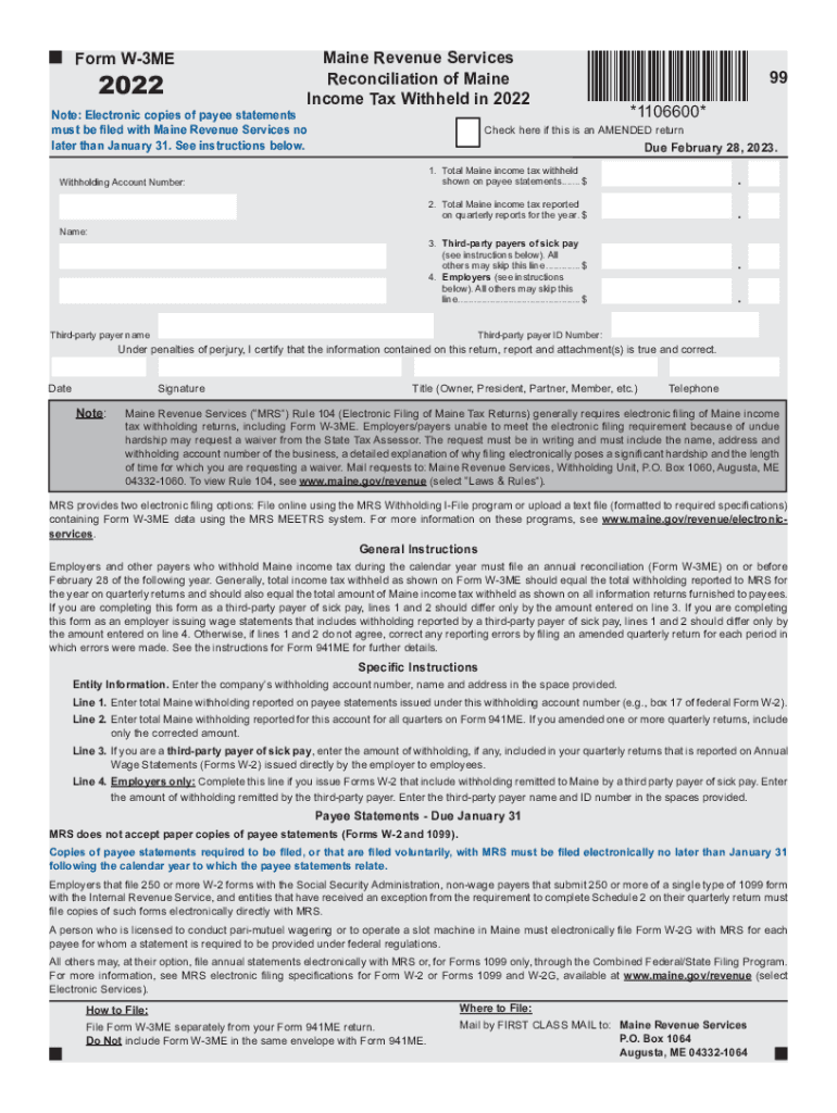  FORM W 3ME MAINE REVENUE SERVICES RECONCILIATION of MAINE 2022-2024