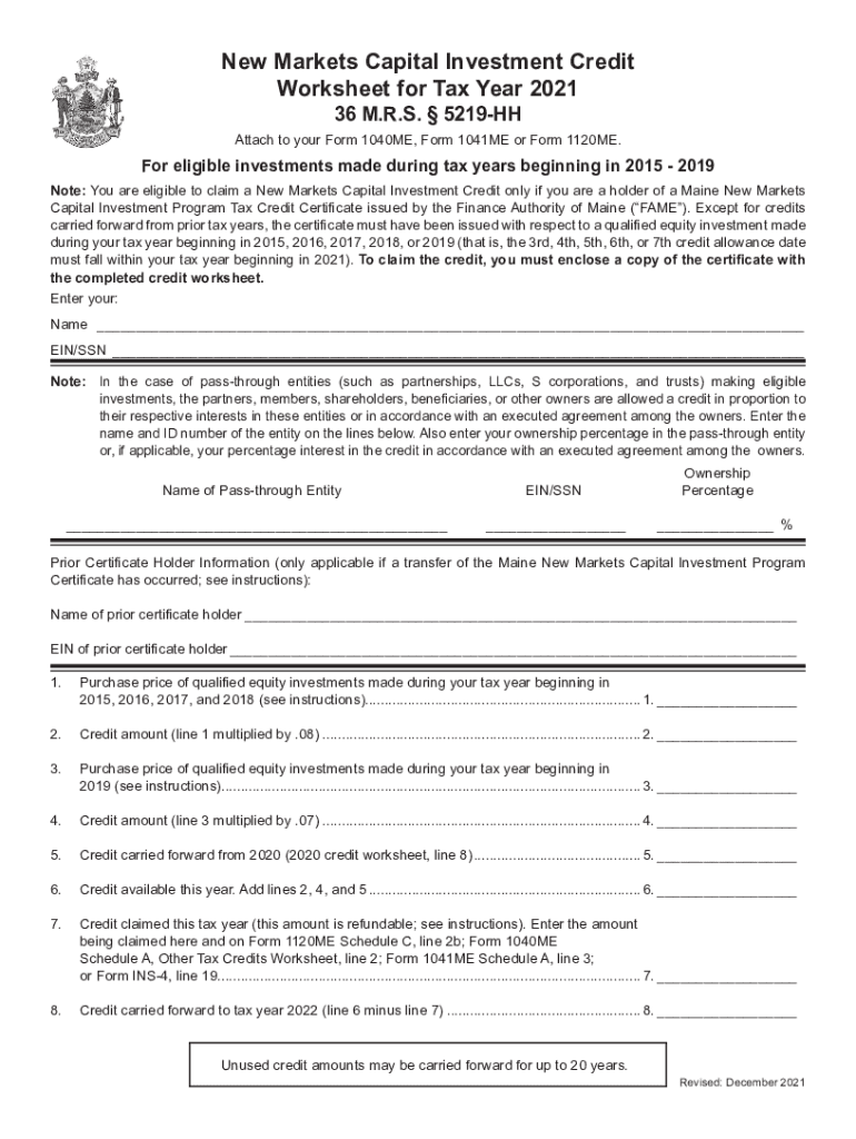  Www Maine GovgovernormillsSeed Capital Investment Tax Credit Worksheet for Tax Year 2021