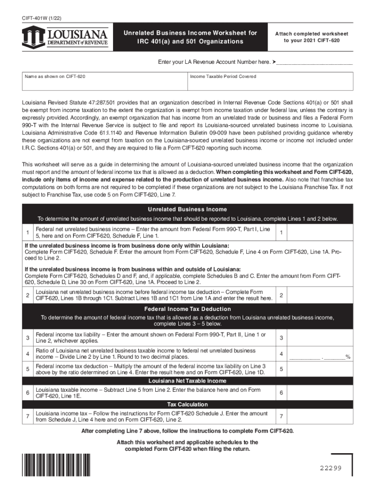  Form CIFT 401W Unrelated Business Income Worksheet for IRC 2022