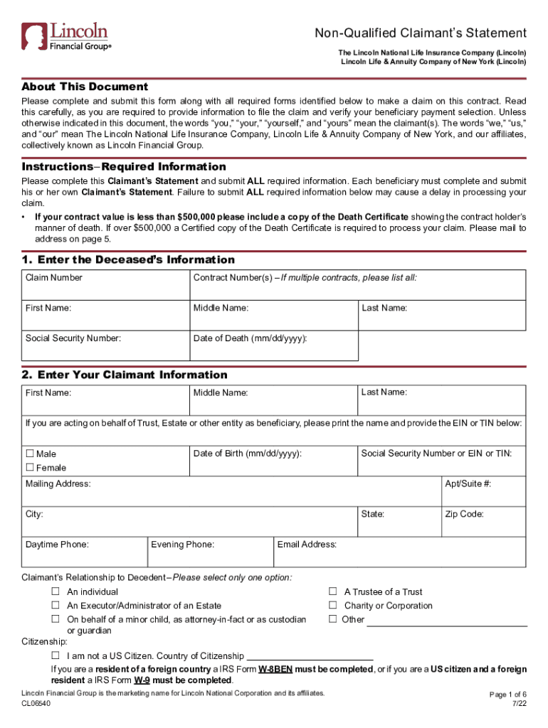 Non Qualified Claimant&#039;s Statement Lincoln Financial  Form