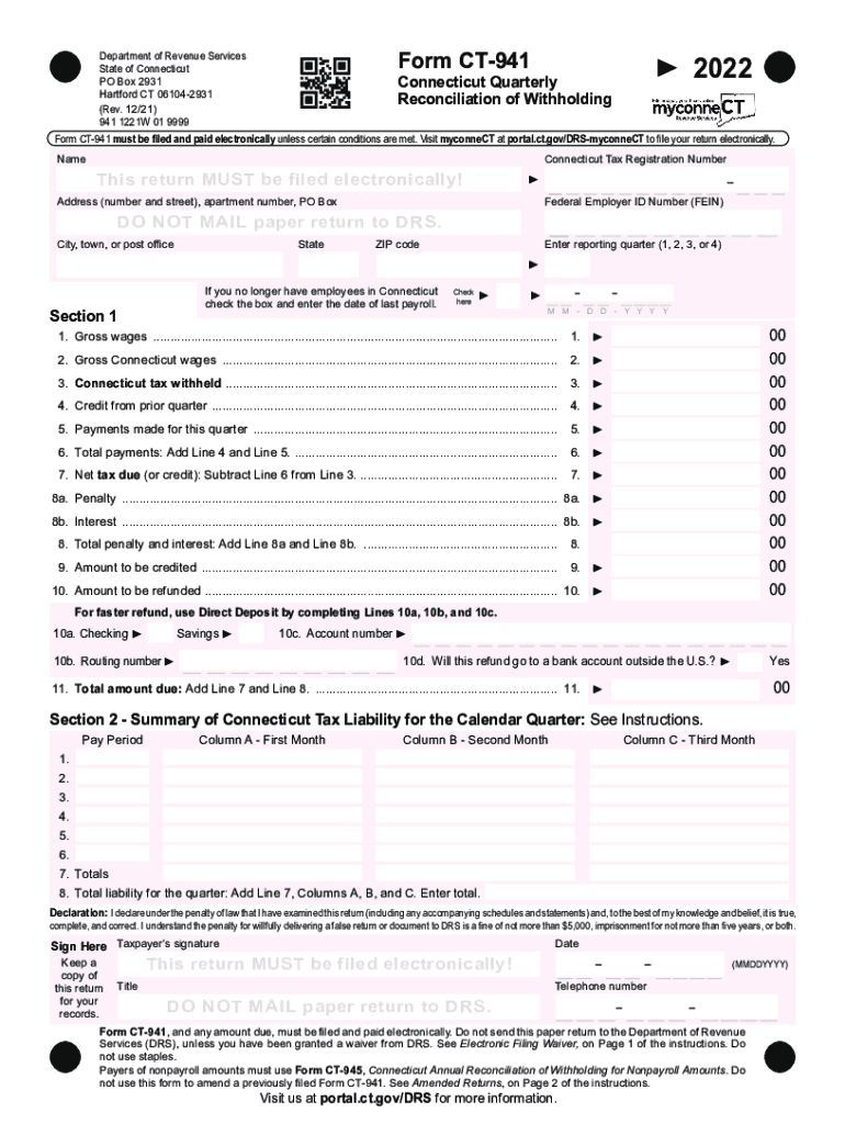  Form CT 941 Connecticut Quarterly Reconciliation of 2022-2024