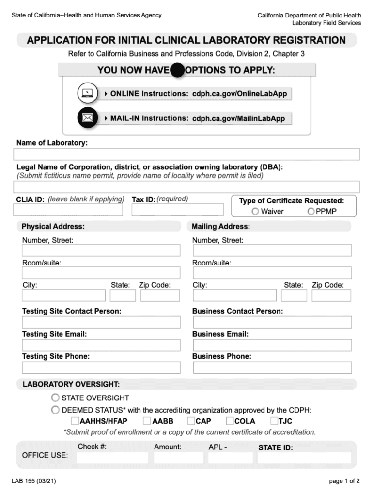 Application for Initial Clinical Laboratory Registration Lab155 PDF  Form