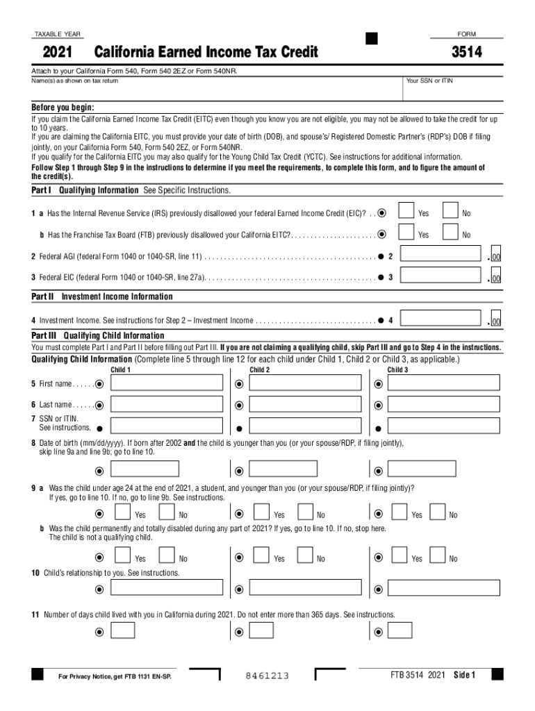  California Form 3514 California Earned Income Tax Credit 2021
