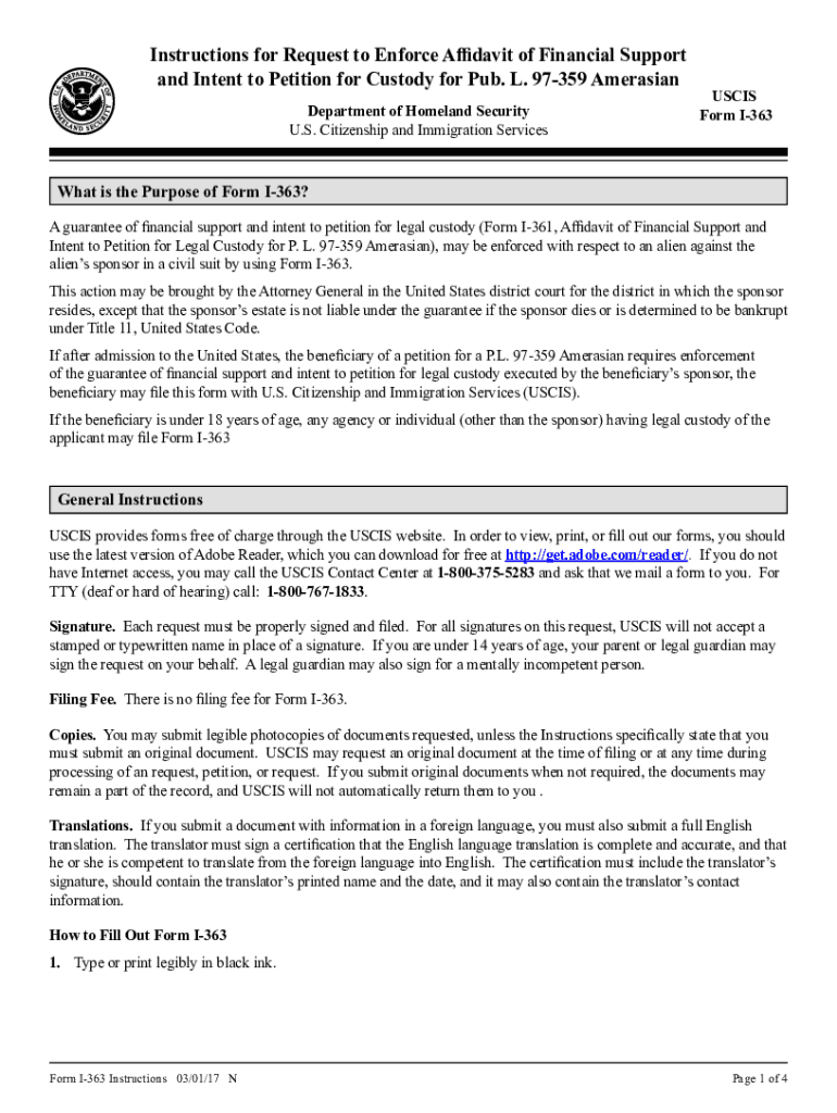 Form I 363, Request to Enforce Affidavit of Financial Support and Intent to Petition for Custody for Pub L 97 359 Amerasian