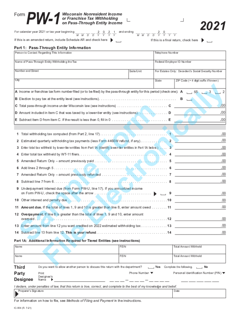 IC 004 Form PW 1 Wisconsin Nonresident Income or Franchise Tax Withholding on Pass through Entity Income