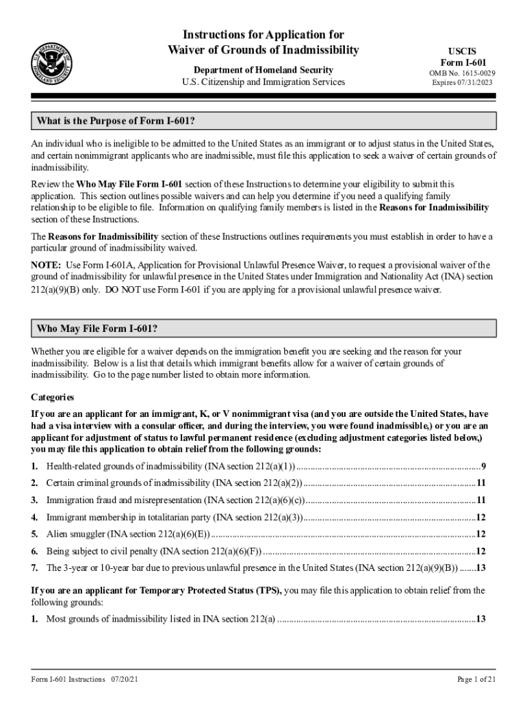 Form I 601, Application for Waiver of Grounds of Inadmissibility Instructions for Form I 601