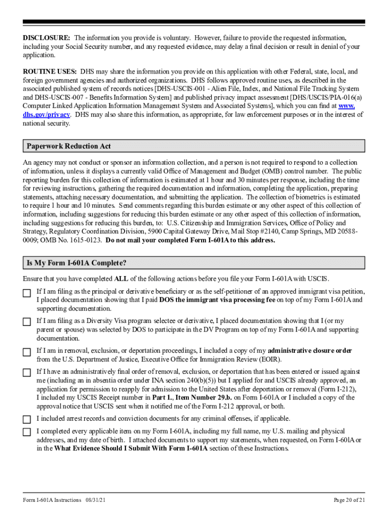  Form I 601A, Application for Provisional Unlawful Presence Waiver Instructions for Application for Provisional Unlawful Presence 2021