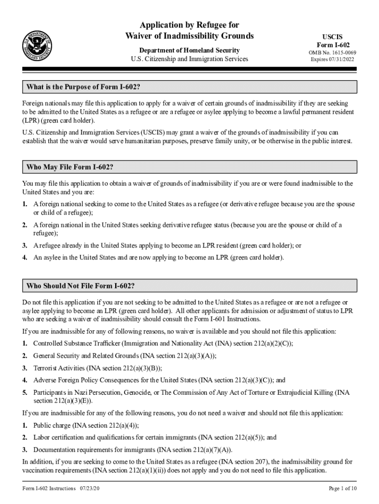 I 602, Application by Refugee for Department of Homeland  Form