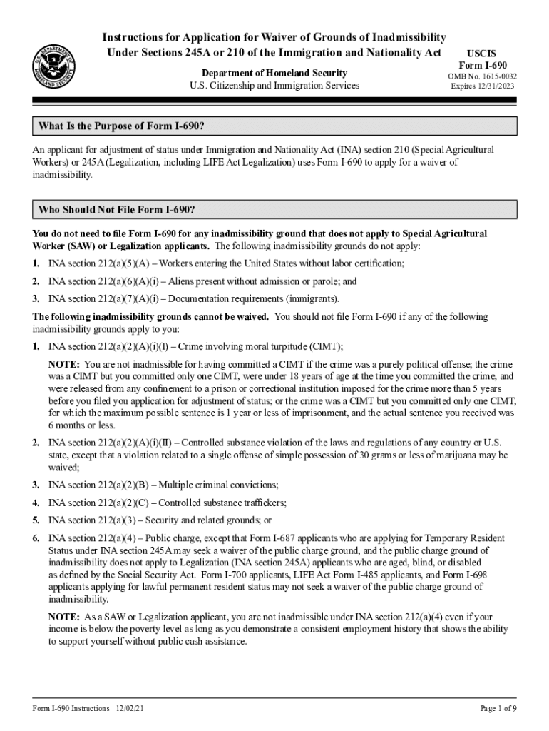 Form I 690, Application for Waiver of Grounds of Inadmissibility under Sections 245A or 210 of the Immigration and Nationality a