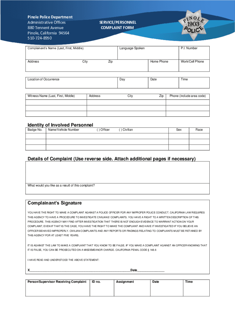Police Department 880 Tennent Ave Pinole, CA Financing  Form