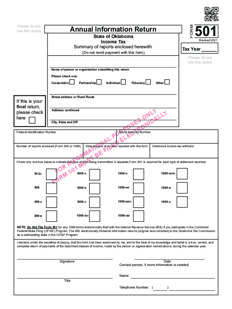 Form 501 Annual Information Return Summary of Reports Enclosed Herewith