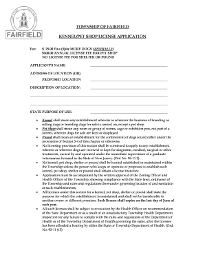Township of Fairfield Kennelpet Shop License Application  Form