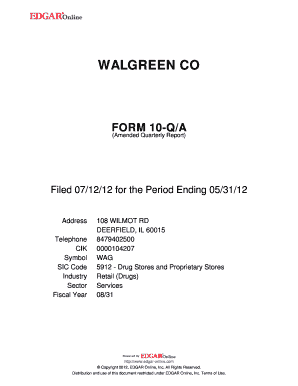 WALGREEN CO FORM 10 QA Amended Quarterly Report Filed 071212 for the Period Ending 053112