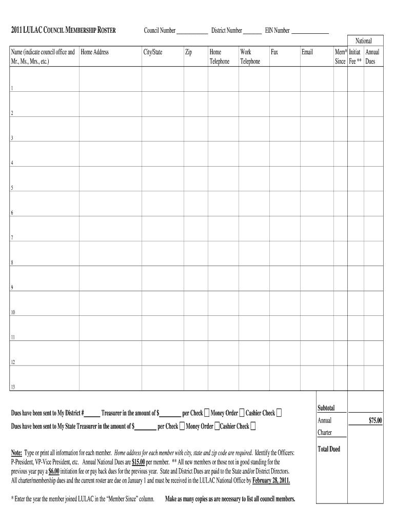 LULAC COUNCIL MEMBERSHIP ROSTER Txlulac  Form