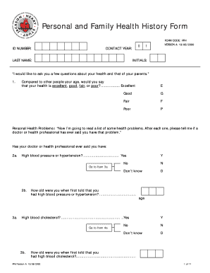 Personal and Family Health History Form CSCC Cscc Unc