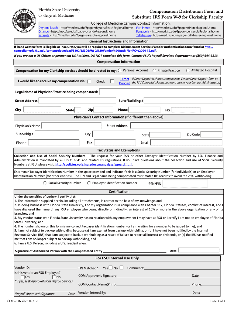 Compensation Distribution Form Florida State University College of Med Fsu