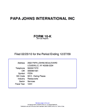 PAPA JOHNS INTERNATIONAL INC FORM 10 K Annual Report Filed 022310 for the Period Ending 122709