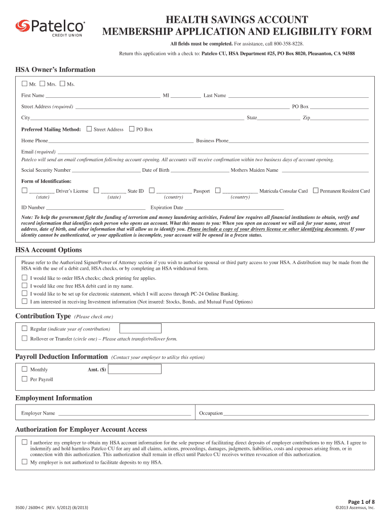 3500 HSA Custodial Application, Plan Agreement and Disclosure Statement 5 Patelco  Form