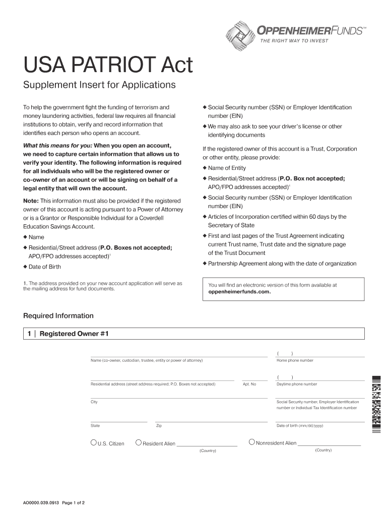 PATRIOT Act Supplemental Insert for Applications  Form