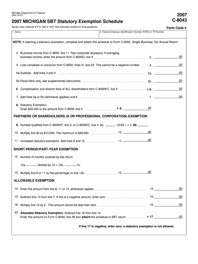 C 8043, Michigan SBT Statutory Exemption Schedule C 8043, Michigan SBT Statutory Exemption Schedule  Form