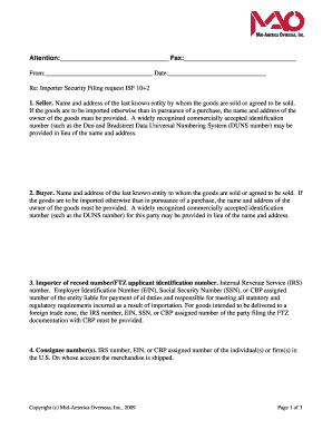 Re Importer Security Filing Request ISF 10 2  Form