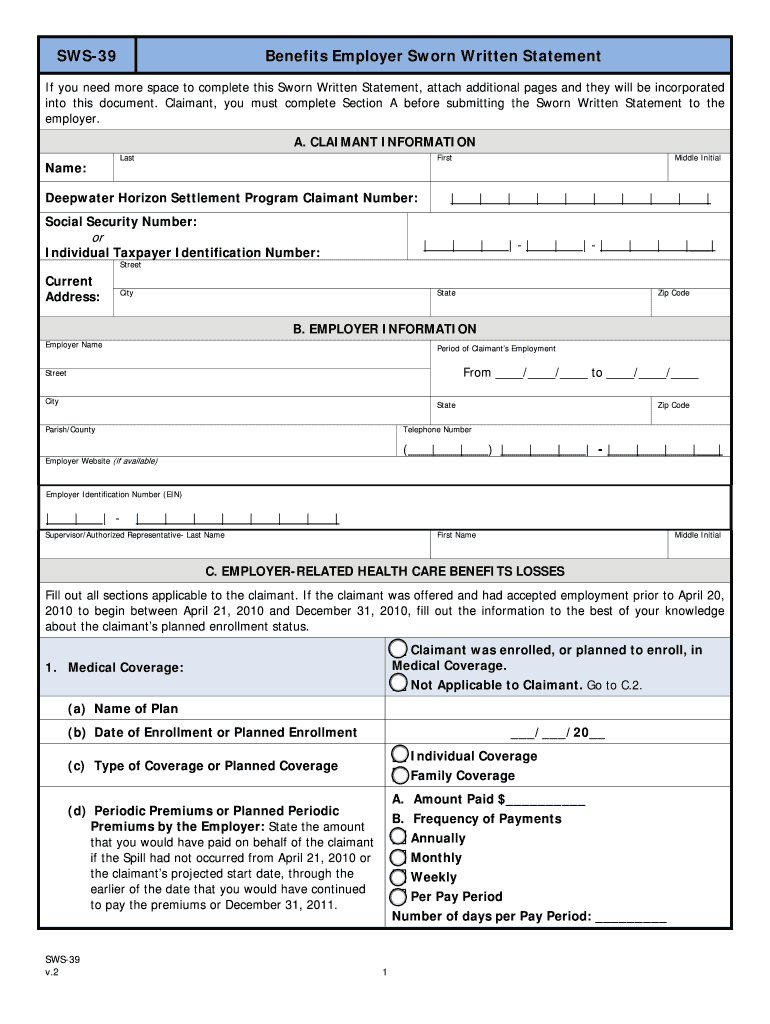 SWS 39 Benefits Employer Sworn Written Statement Adobe  Form