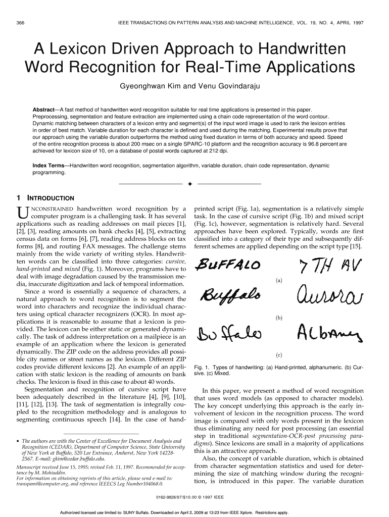 A Lexicon Driven Approach to Handwritten Word Recognition for Cedar Buffalo  Form