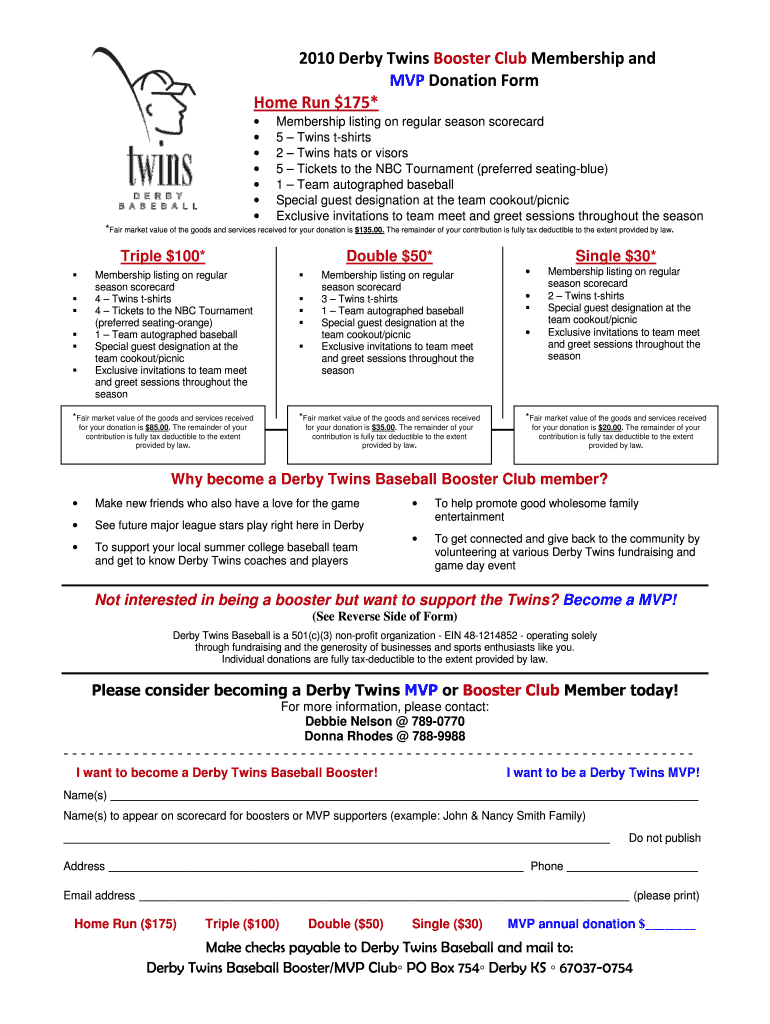 Derby Twins Booster Club Membership and  Form