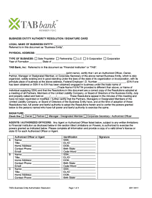  Business Entity Authority Resolution Signature Card TAB Bank 2011-2024