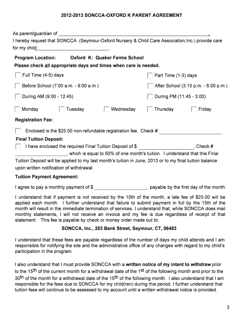 Soncca Oxford Kindergarten Registration Packet  Form