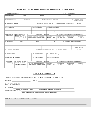 WORK SHEET for PREPARATION of MARRIAGE LICENSE FORM